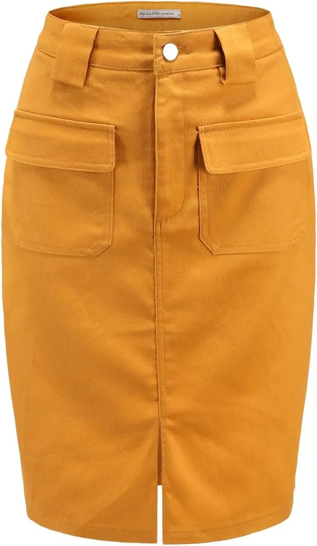 Women's Midi Knee Length Workout Cotton Pencil Skirts with Front Pockets and Slit