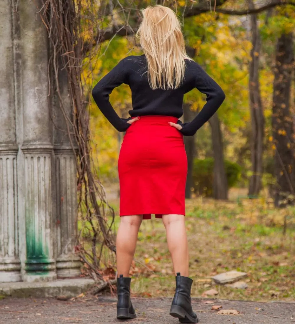 Women's Midi Knee Length Workout Cotton Pencil Skirts with Front Pockets and Slit