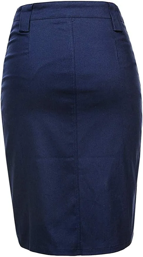 Women's Midi Knee Length Workout Cotton Pencil Skirts with Front Pockets and Slit