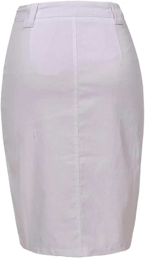 Women's Midi Knee Length Workout Cotton Pencil Skirts with Front Pockets and Slit