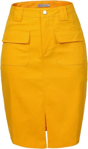 Women's Midi Knee Length Workout Cotton Pencil Skirts with Front Pockets and Slit