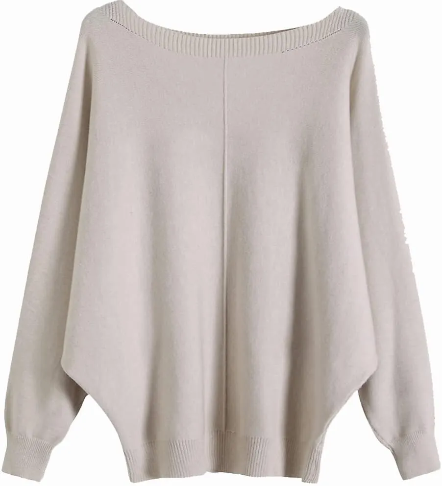 Womens Oversized Lightweight Boat Neck Dolman Batwing Sweater Fall Winter Casual Slouchy Knitted Pullovers
