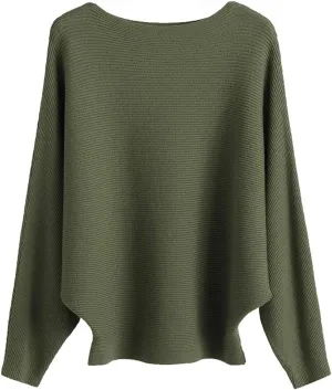 Womens Oversized Lightweight Boat Neck Dolman Batwing Sweater Fall Winter Casual Slouchy Knitted Pullovers