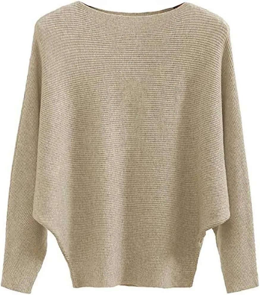 Womens Oversized Lightweight Boat Neck Dolman Batwing Sweater Fall Winter Casual Slouchy Knitted Pullovers