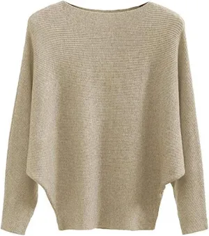 Womens Oversized Lightweight Boat Neck Dolman Batwing Sweater Fall Winter Casual Slouchy Knitted Pullovers