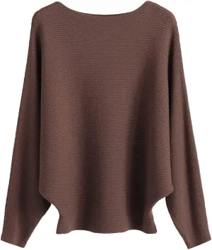 Womens Oversized Lightweight Boat Neck Dolman Batwing Sweater Fall Winter Casual Slouchy Knitted Pullovers