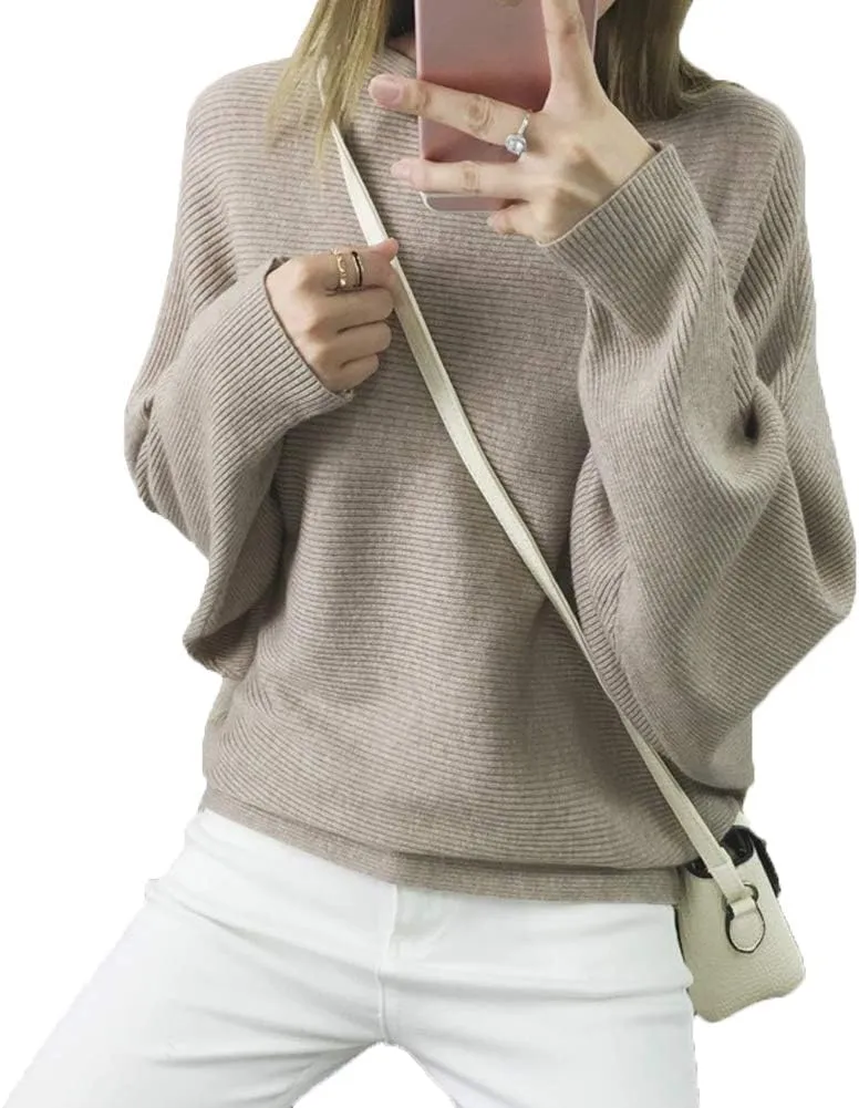 Womens Oversized Lightweight Boat Neck Dolman Batwing Sweater Fall Winter Casual Slouchy Knitted Pullovers