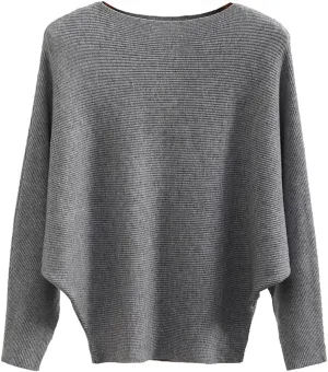 Womens Oversized Lightweight Boat Neck Dolman Batwing Sweater Fall Winter Casual Slouchy Knitted Pullovers
