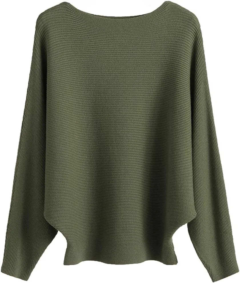 Womens Oversized Lightweight Boat Neck Dolman Batwing Sweater Fall Winter Casual Slouchy Knitted Pullovers