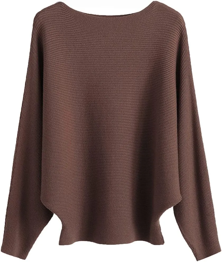Womens Oversized Lightweight Boat Neck Dolman Batwing Sweater Fall Winter Casual Slouchy Knitted Pullovers