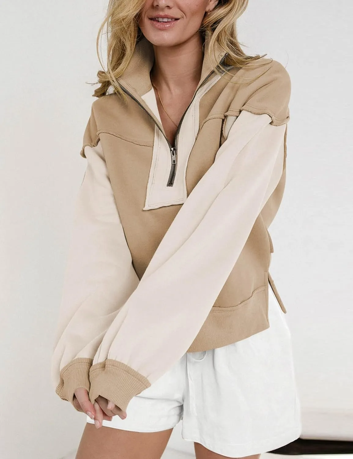 Women's Oversized Sweatshirts Color Block Pullovers Half Zipped Cropped Long Sleeve Casual Tops