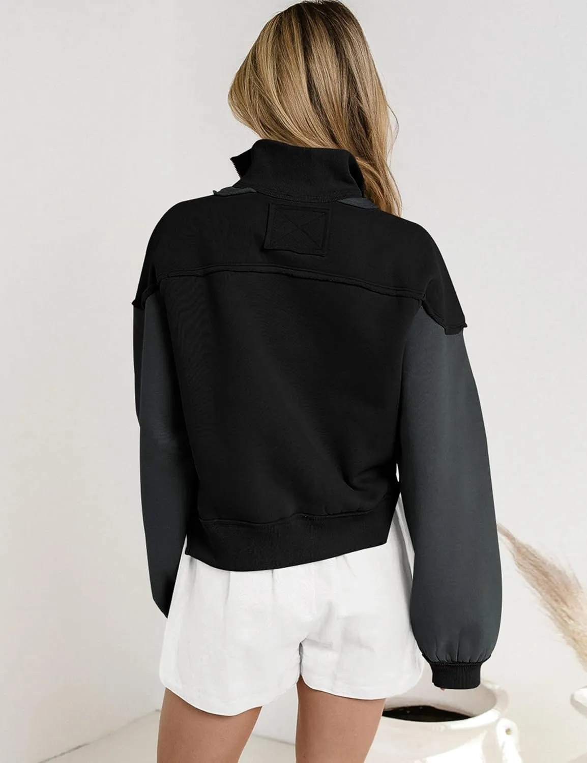 Women's Oversized Sweatshirts Color Block Pullovers Half Zipped Cropped Long Sleeve Casual Tops