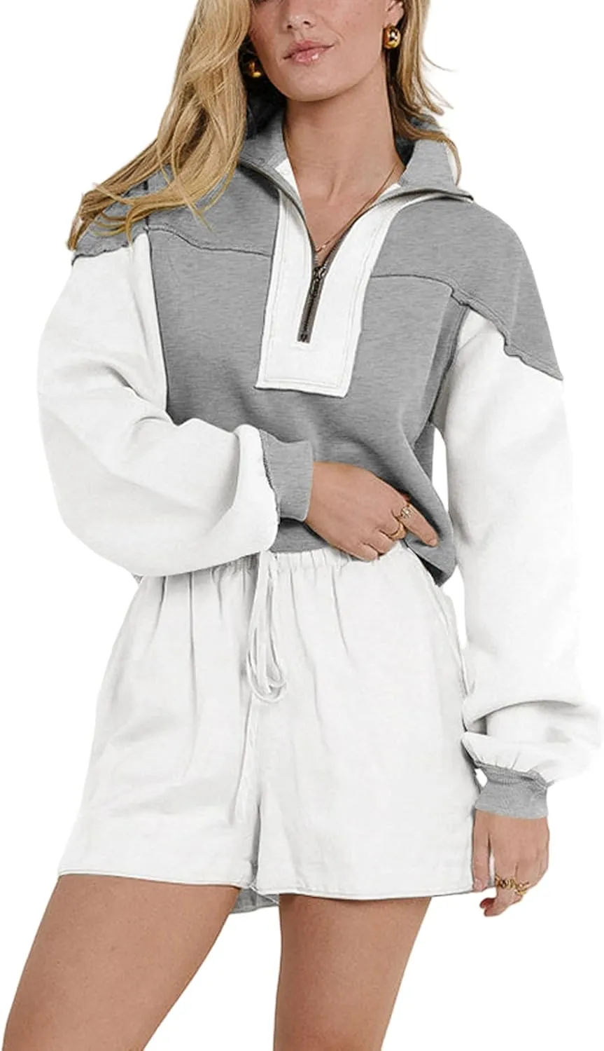 Women's Oversized Sweatshirts Color Block Pullovers Half Zipped Cropped Long Sleeve Casual Tops