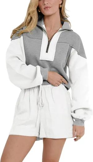 Women's Oversized Sweatshirts Color Block Pullovers Half Zipped Cropped Long Sleeve Casual Tops