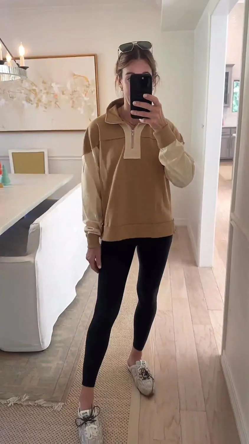 Women's Oversized Sweatshirts Color Block Pullovers Half Zipped Cropped Long Sleeve Casual Tops