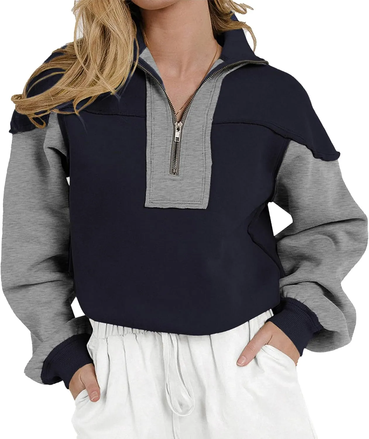 Women's Oversized Sweatshirts Color Block Pullovers Half Zipped Cropped Long Sleeve Casual Tops