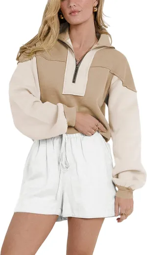 Women's Oversized Sweatshirts Color Block Pullovers Half Zipped Cropped Long Sleeve Casual Tops
