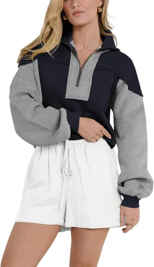 Women's Oversized Sweatshirts Color Block Pullovers Half Zipped Cropped Long Sleeve Casual Tops