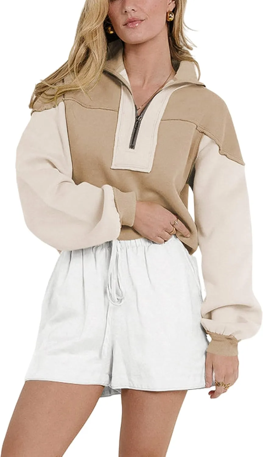 Women's Oversized Sweatshirts Color Block Pullovers Half Zipped Cropped Long Sleeve Casual Tops