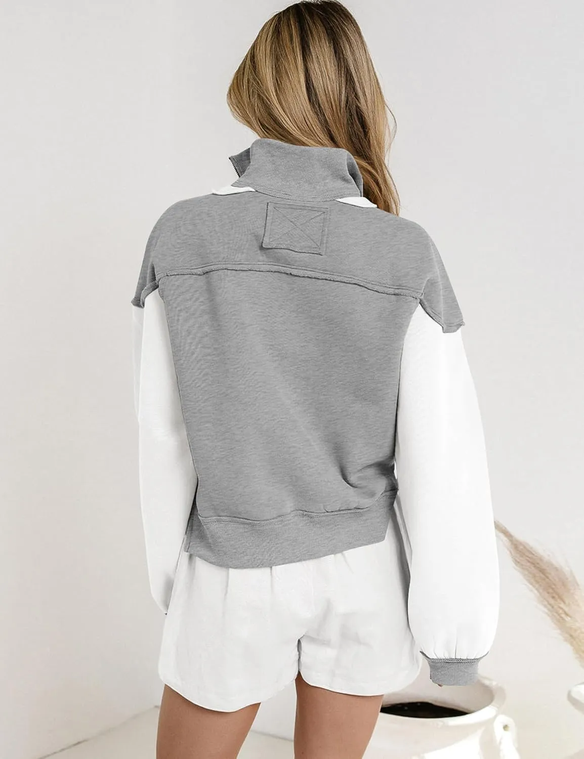 Women's Oversized Sweatshirts Color Block Pullovers Half Zipped Cropped Long Sleeve Casual Tops