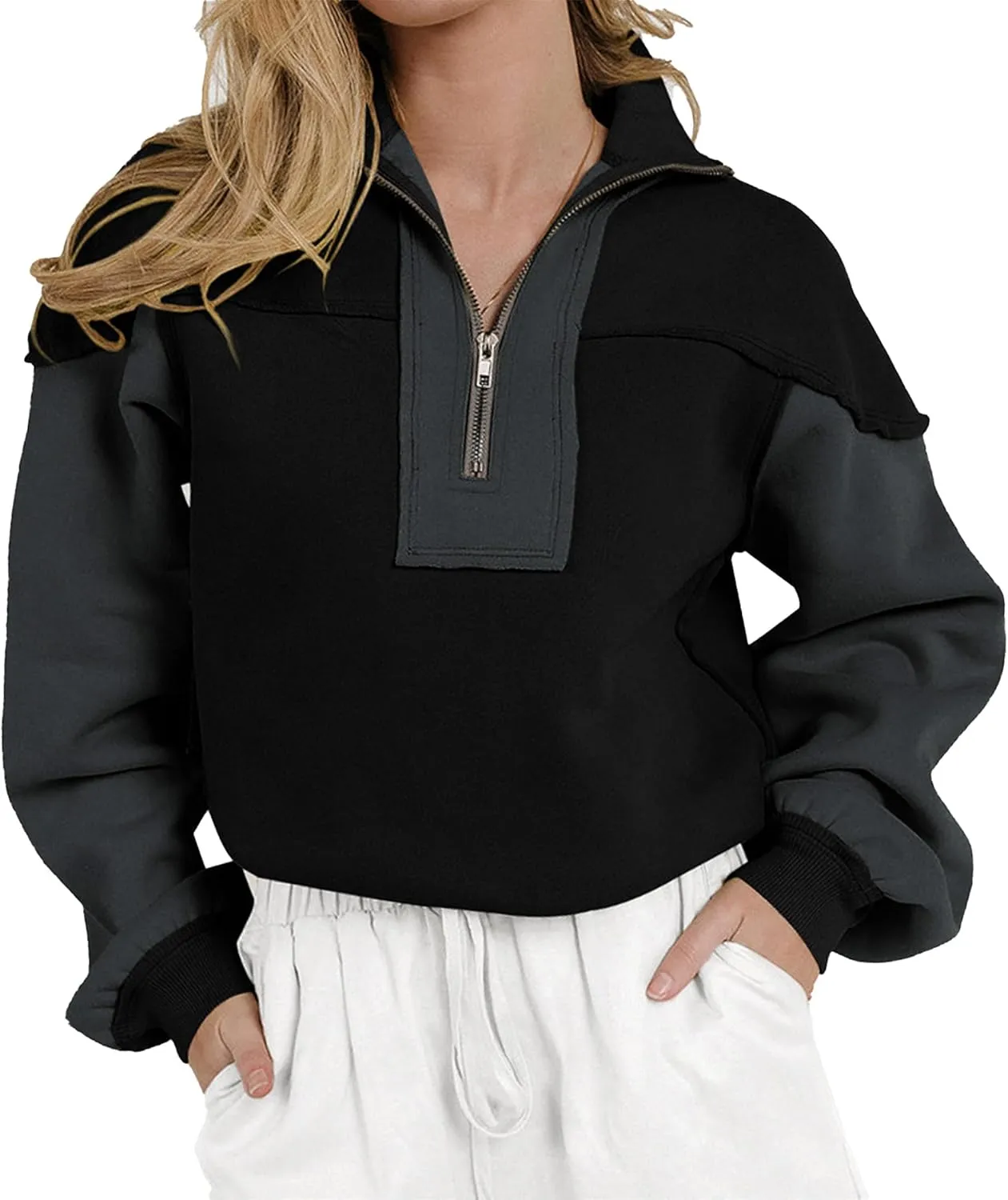 Women's Oversized Sweatshirts Color Block Pullovers Half Zipped Cropped Long Sleeve Casual Tops