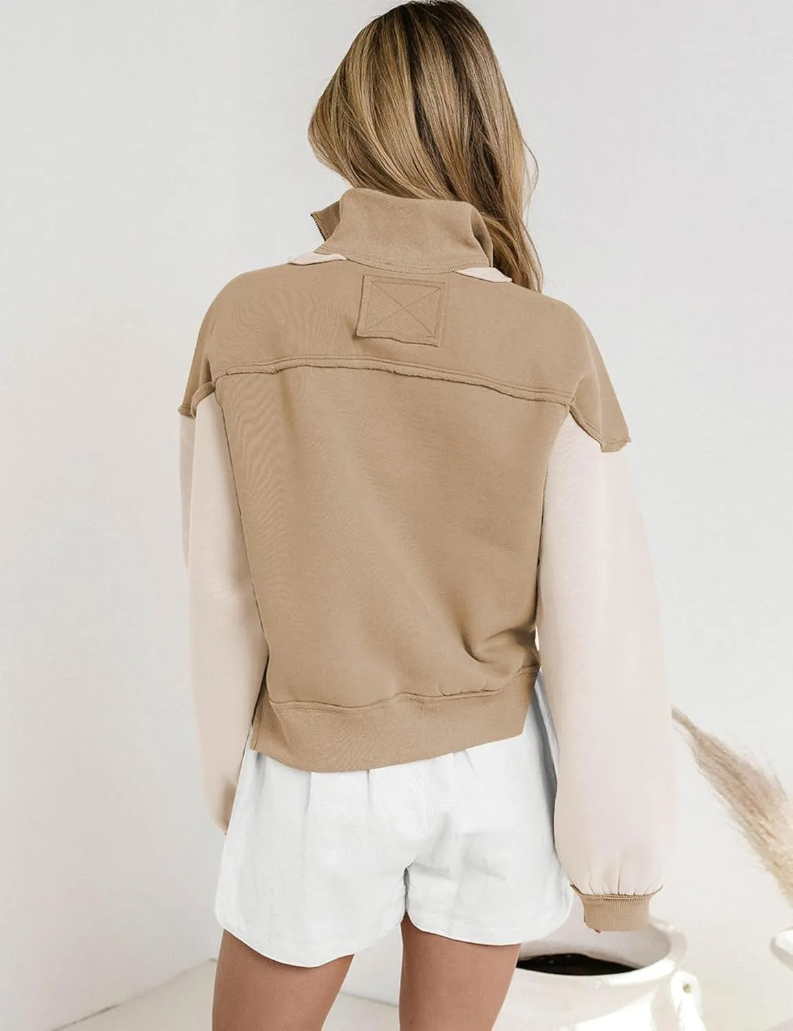 Women's Oversized Sweatshirts Color Block Pullovers Half Zipped Cropped Long Sleeve Casual Tops
