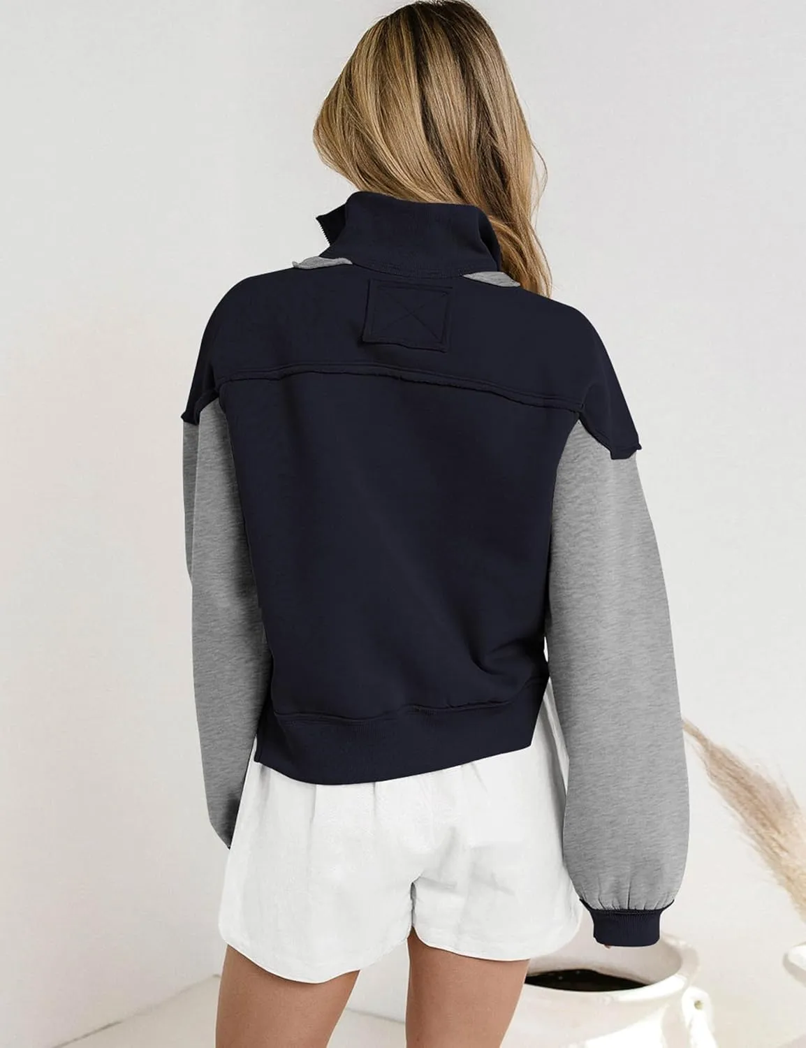 Women's Oversized Sweatshirts Color Block Pullovers Half Zipped Cropped Long Sleeve Casual Tops