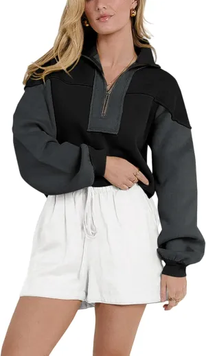 Women's Oversized Sweatshirts Color Block Pullovers Half Zipped Cropped Long Sleeve Casual Tops