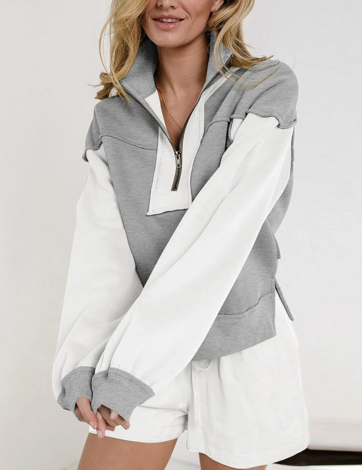 Women's Oversized Sweatshirts Color Block Pullovers Half Zipped Cropped Long Sleeve Casual Tops