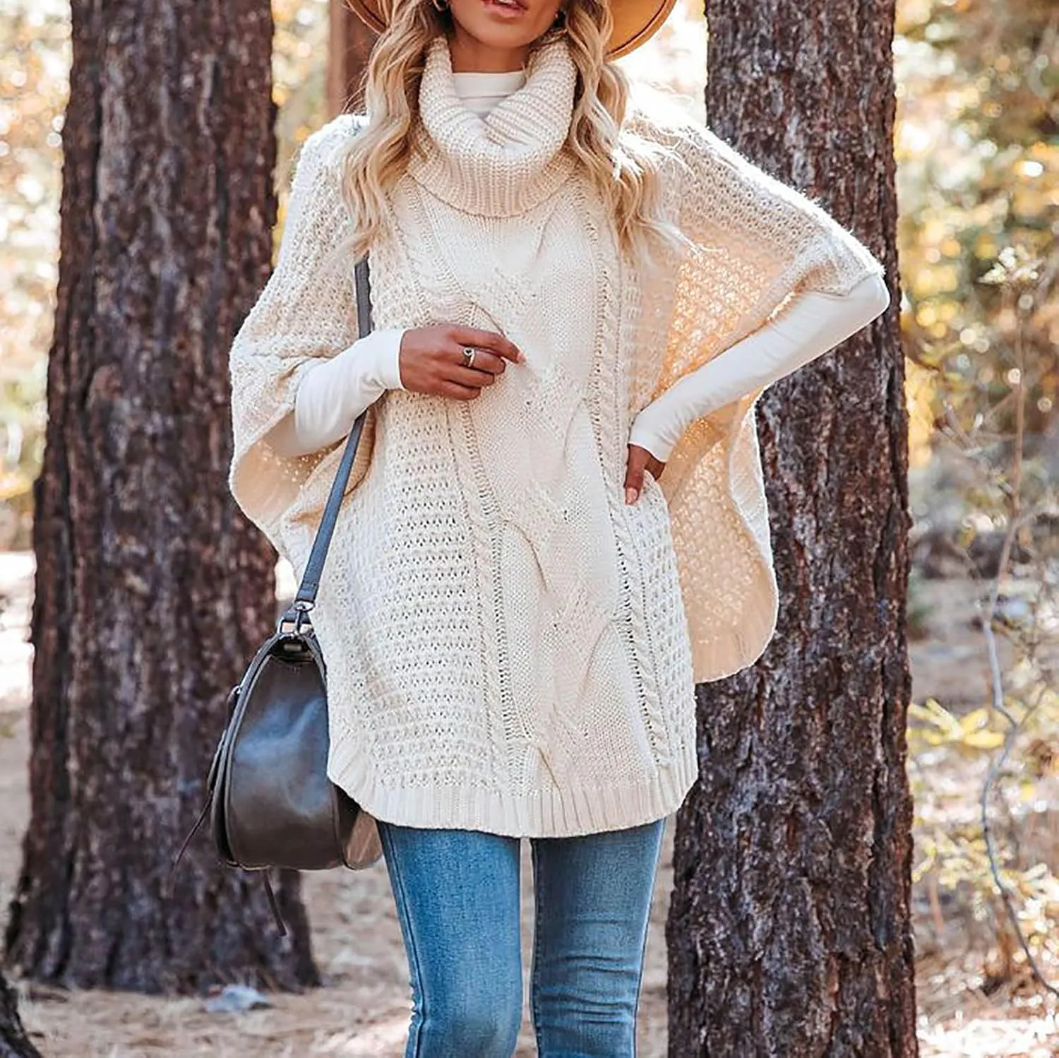 Women's Oversized Turtleneck Batwing Sleeve Knitted Pullovers 2024 Fall Winter Sweater Loose Casual Solid Sweater Tops