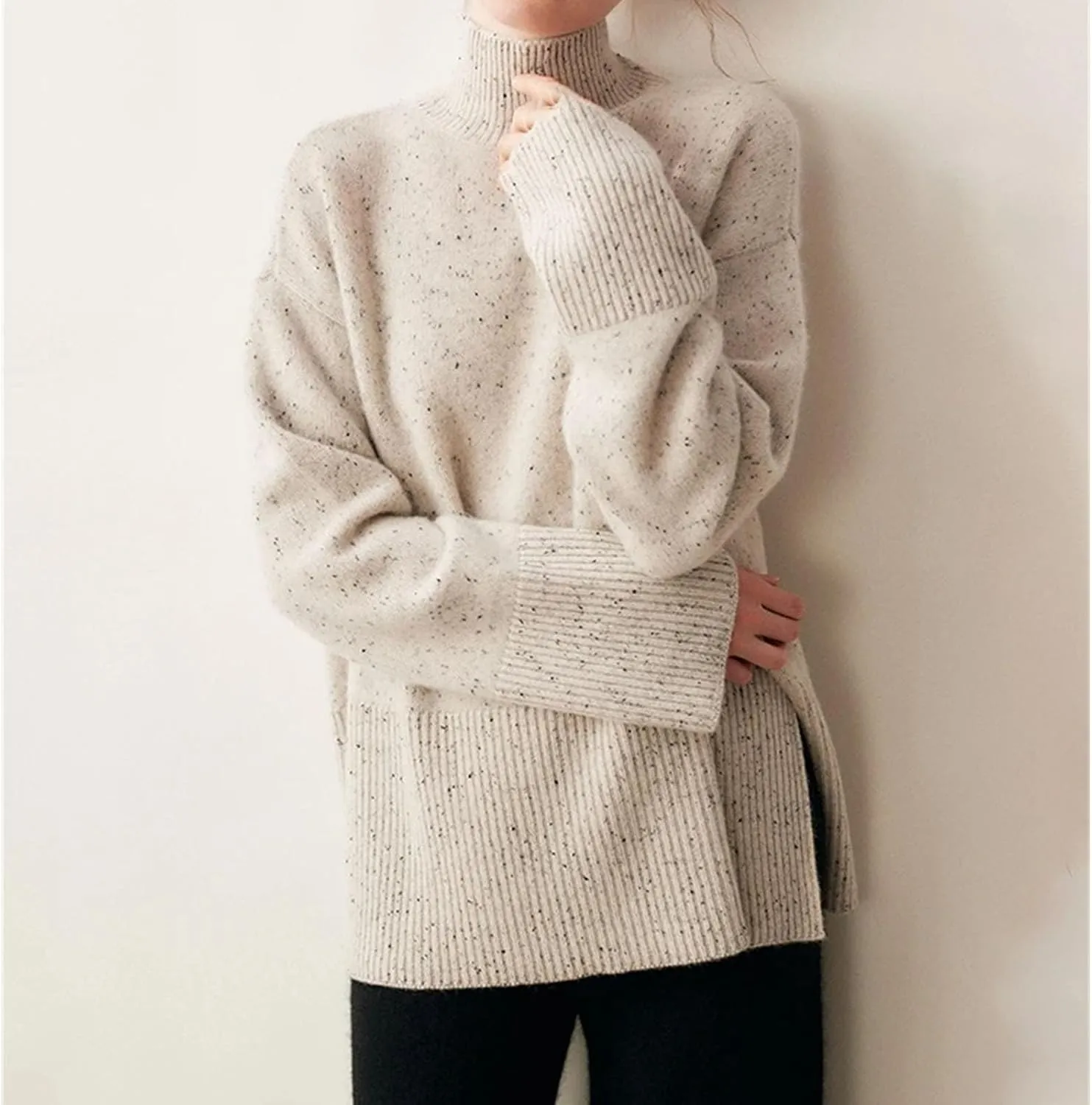 Women's Oversized Turtleneck Pullovers Warm Knitted Pullovers Solid Long Sleeve Loose Jumper Tops
