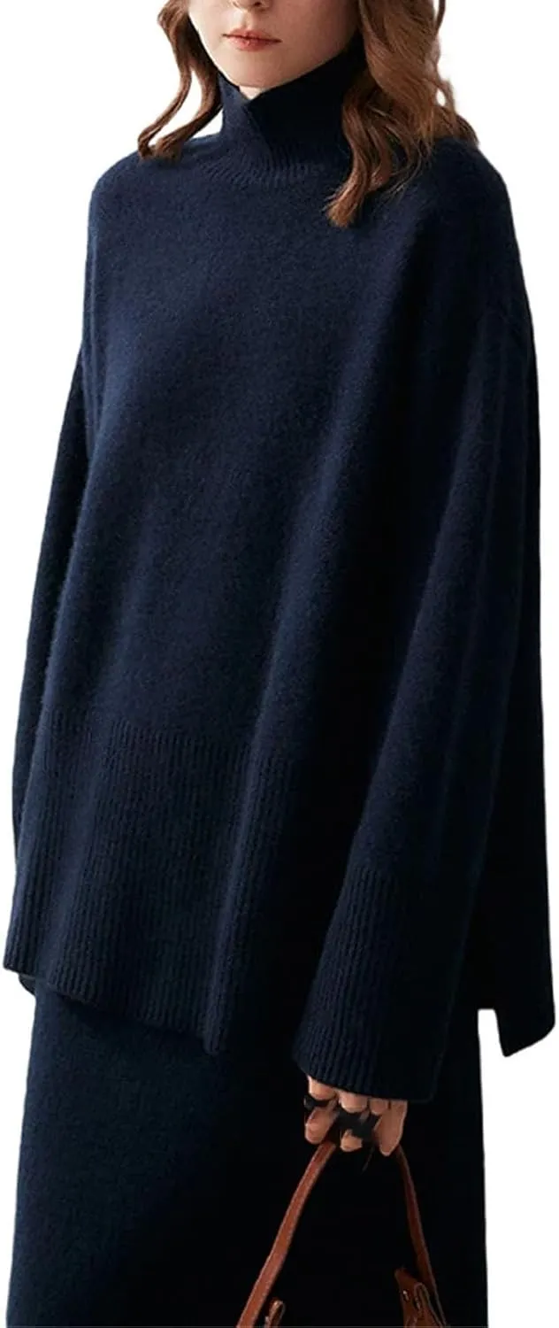 Women's Oversized Turtleneck Pullovers Warm Knitted Pullovers Solid Long Sleeve Loose Jumper Tops