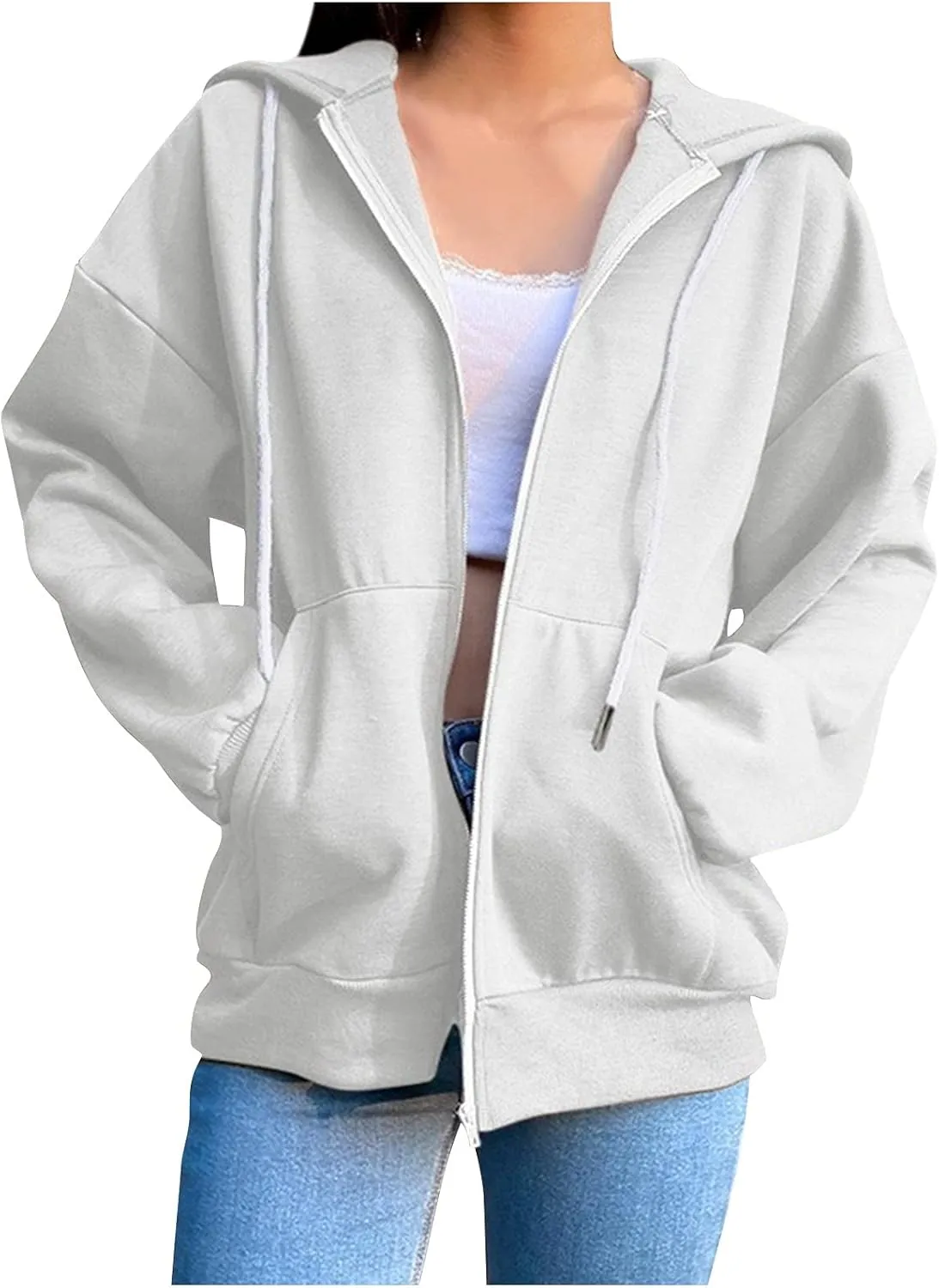 Women's Oversized Y2K Hoodies Zipper Drawstring Hooded Jackets 2023 Trendy Lightweight Dressy Streetwear with Pockets