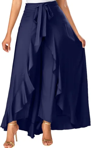 Women's Pants with Skirt Overlay Ruffle Culottes Skirt High Waisted 2 in 1 Pants Skirts Flowy Lace Up Maxi Skirt