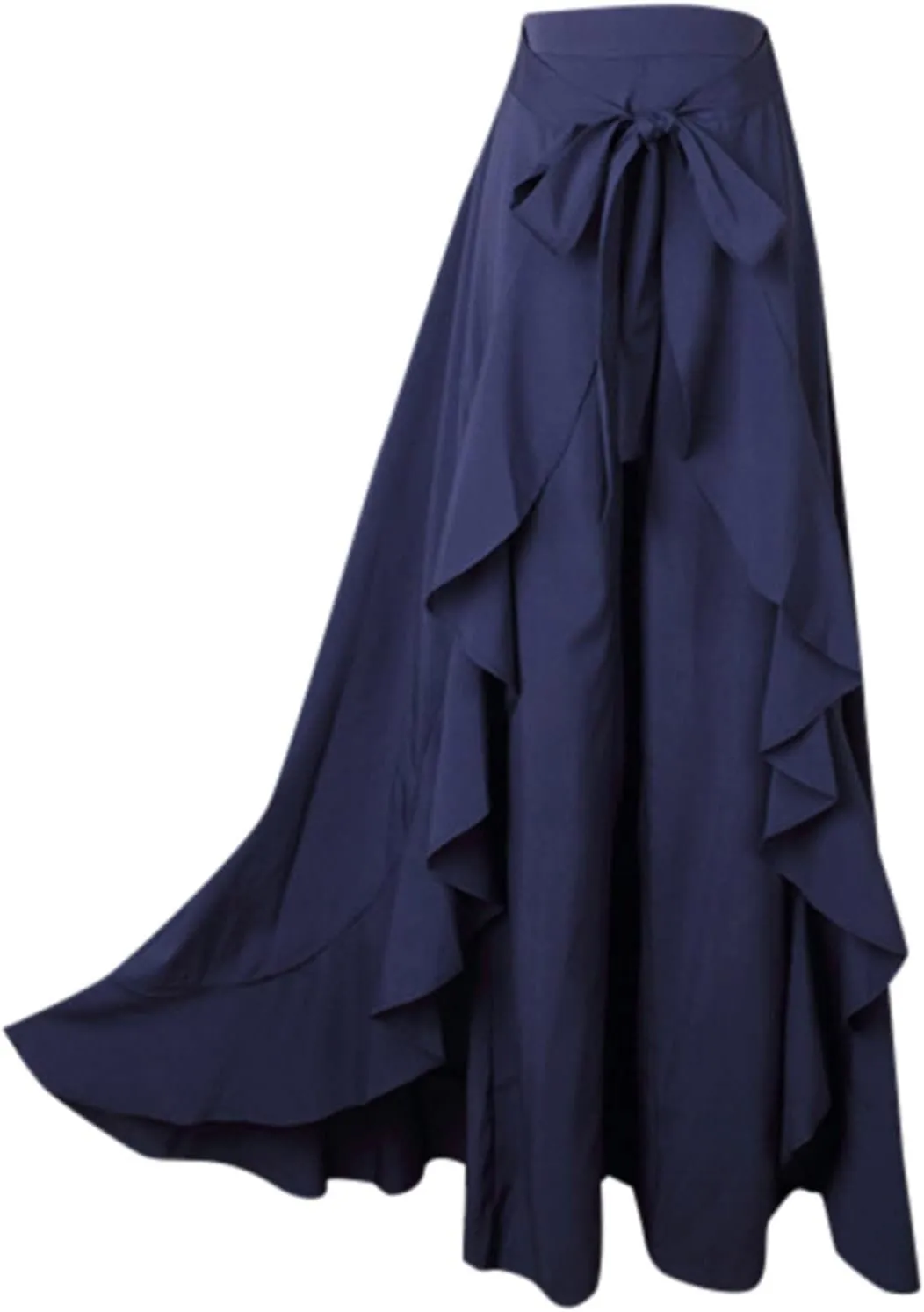 Women's Pants with Skirt Overlay Ruffle Culottes Skirt High Waisted 2 in 1 Pants Skirts Flowy Lace Up Maxi Skirt