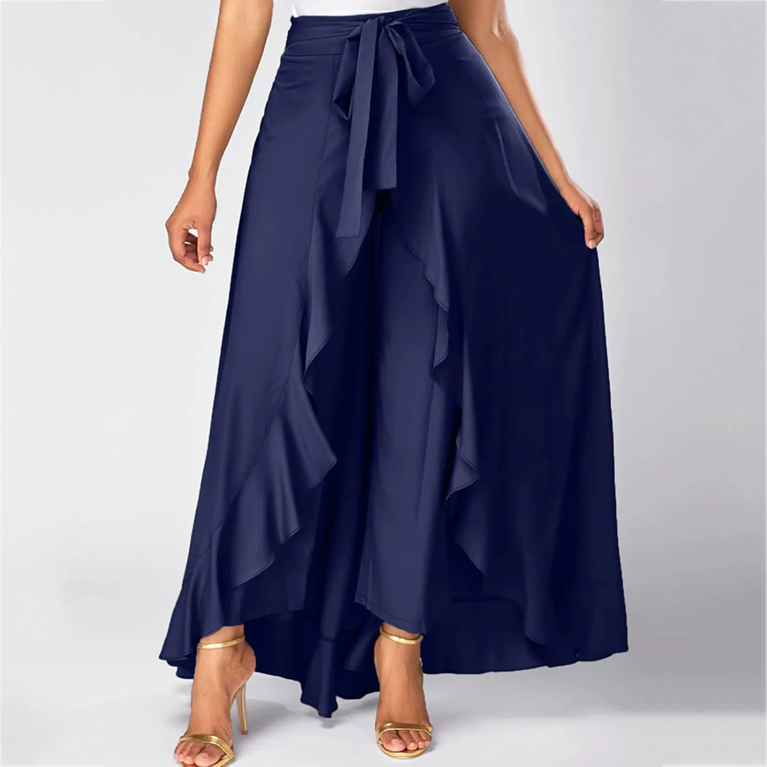 Women's Pants with Skirt Overlay Ruffle Culottes Skirt High Waisted 2 in 1 Pants Skirts Flowy Lace Up Maxi Skirt
