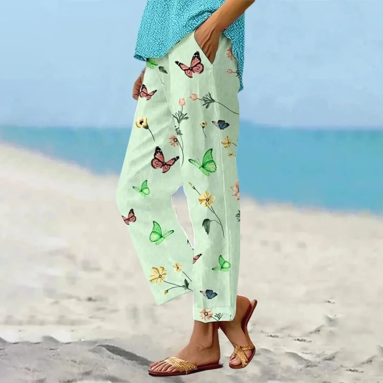 Womens Plus Size Linen Pants Elastic High Waisted Cropped Pants with Pockets Printed Casual Summer Beach Trousers