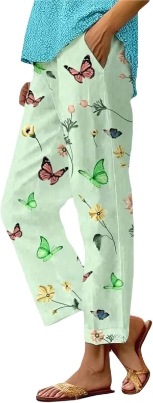 Womens Plus Size Linen Pants Elastic High Waisted Cropped Pants with Pockets Printed Casual Summer Beach Trousers