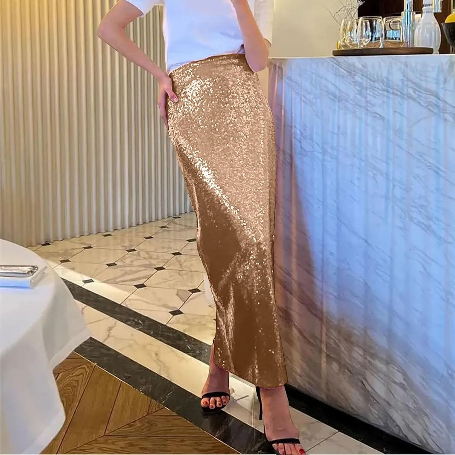 Women's Sequin Midi Skirt Sparkly Glitter Casual Half Body Skirt Sparkly A Line Swing Midi Skirt Red Sparkly Skirt