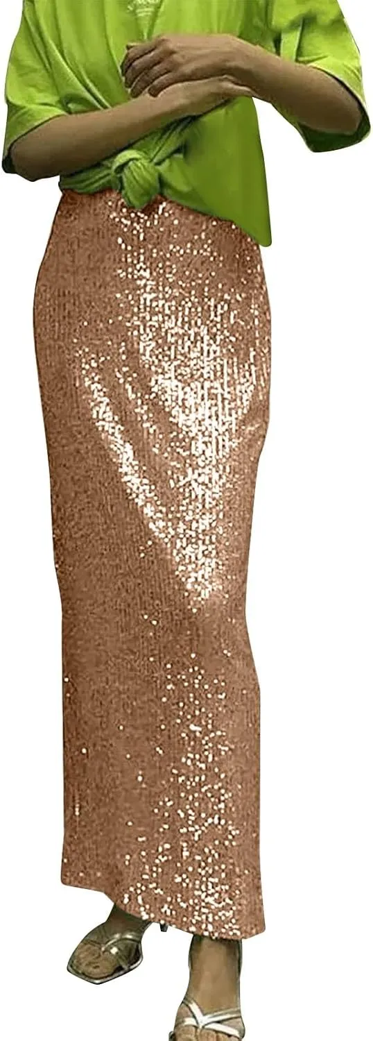 Women's Sequin Midi Skirt Sparkly Glitter Casual Half Body Skirt Sparkly A Line Swing Midi Skirt Red Sparkly Skirt