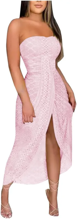 Women's Sexy Strapless Dress Off Shoulder Bodycon Midi Party Dress Eyelet Embroidery Front Split Cocktail Dresses
