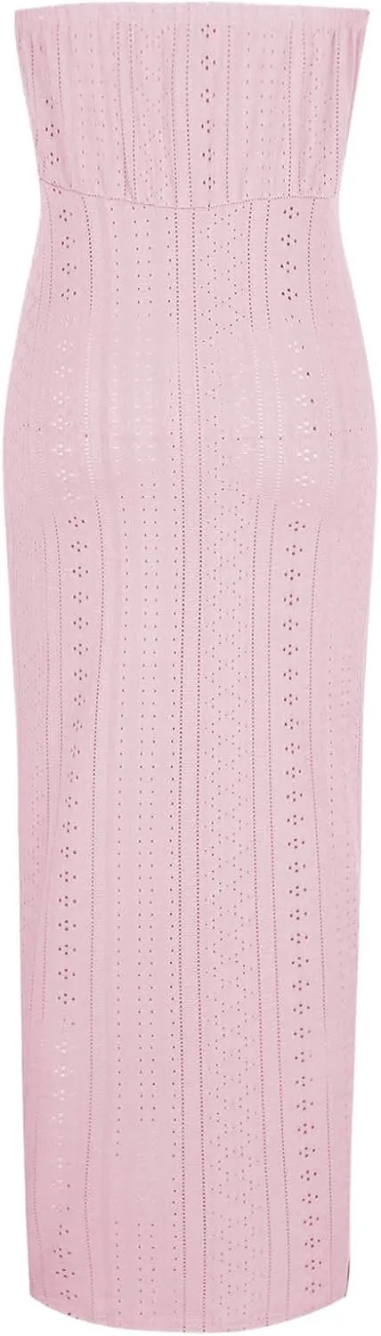 Women's Sexy Strapless Dress Off Shoulder Bodycon Midi Party Dress Eyelet Embroidery Front Split Cocktail Dresses
