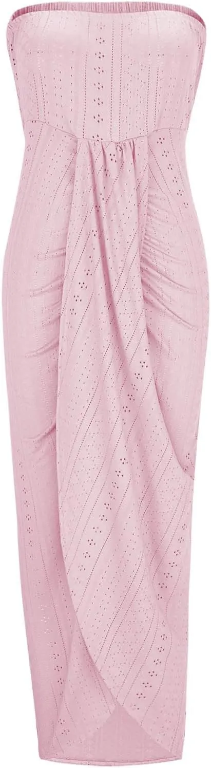 Women's Sexy Strapless Dress Off Shoulder Bodycon Midi Party Dress Eyelet Embroidery Front Split Cocktail Dresses
