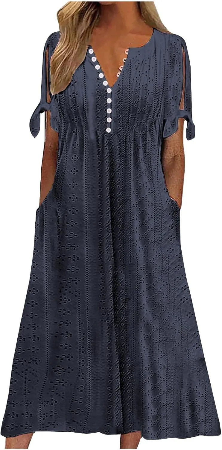 Women's Short Sleeve Eyelet Sundress Simple Solid Color Midi Dress Button Up Comfy Casual A Line Summer Dresses