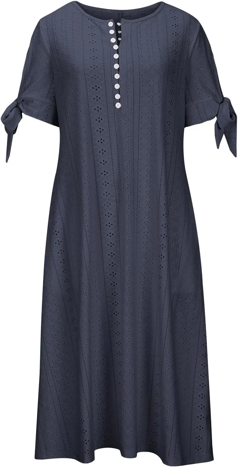 Women's Short Sleeve Eyelet Sundress Simple Solid Color Midi Dress Button Up Comfy Casual A Line Summer Dresses