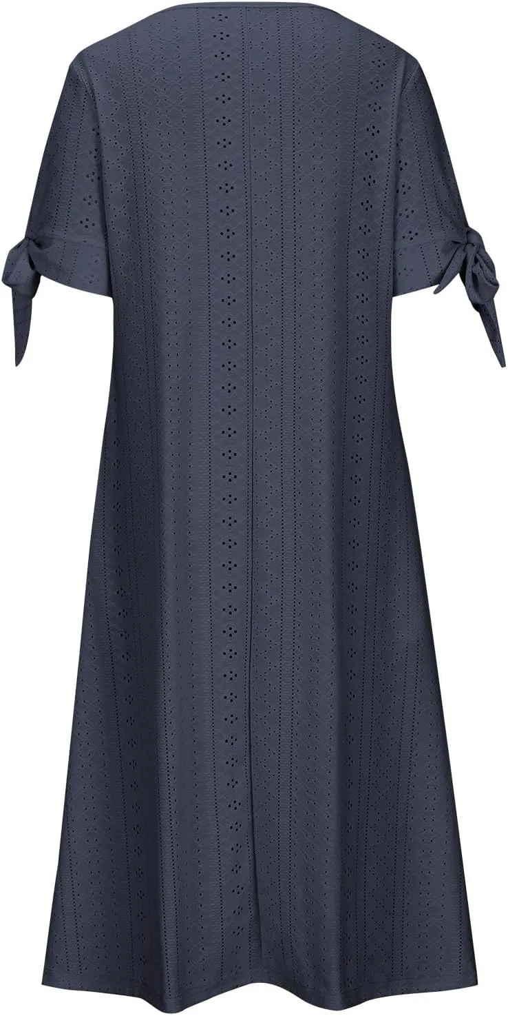 Women's Short Sleeve Eyelet Sundress Simple Solid Color Midi Dress Button Up Comfy Casual A Line Summer Dresses