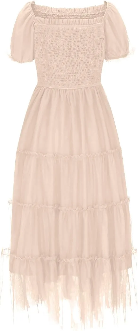Women's Smocked Midi Tulle Dress 2025 Summer Puffy Short Sleeve Square Neck Dress Ruffle Wedding Guest Party Dresses