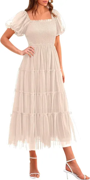 Women's Smocked Midi Tulle Dress 2025 Summer Puffy Short Sleeve Square Neck Dress Ruffle Wedding Guest Party Dresses
