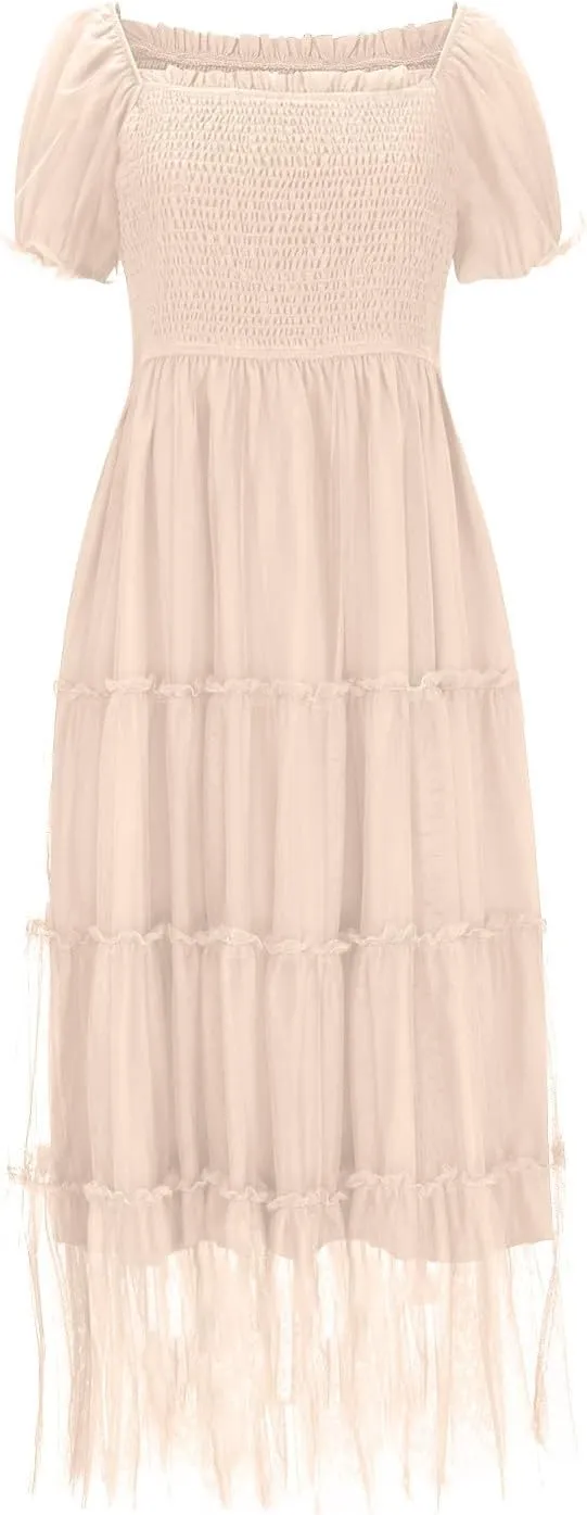 Women's Smocked Midi Tulle Dress 2025 Summer Puffy Short Sleeve Square Neck Dress Ruffle Wedding Guest Party Dresses
