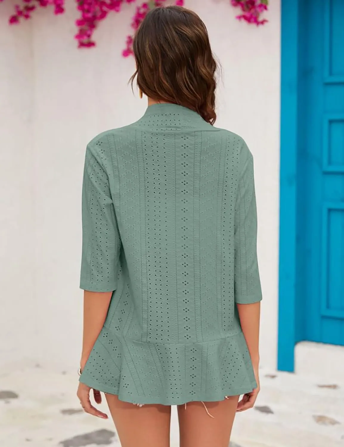 Womens Summer 3/4 Sleeve Open Front Cardigan Lightweight Draped Ruffle Casual Tops